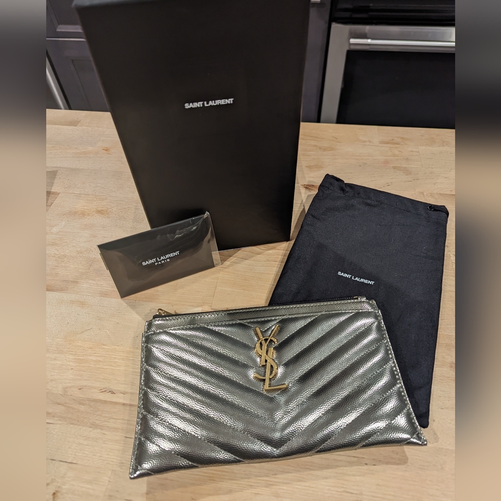 YSL Saint Laurent Monogramme Grain Pouch Metallic